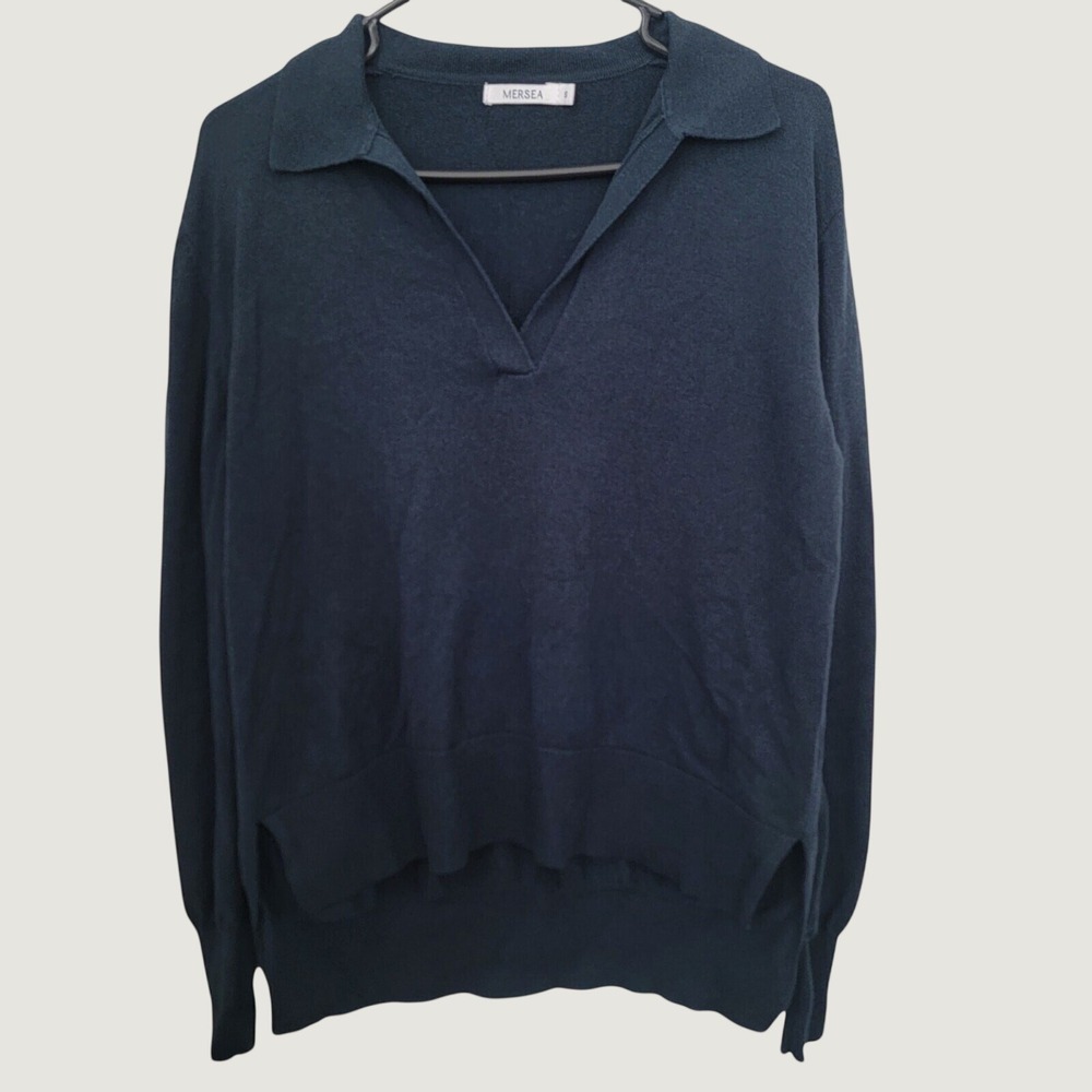 Mersea Womens Teal Blue Cotton Wool Blend Collared V-Neck Sweater Small Travel